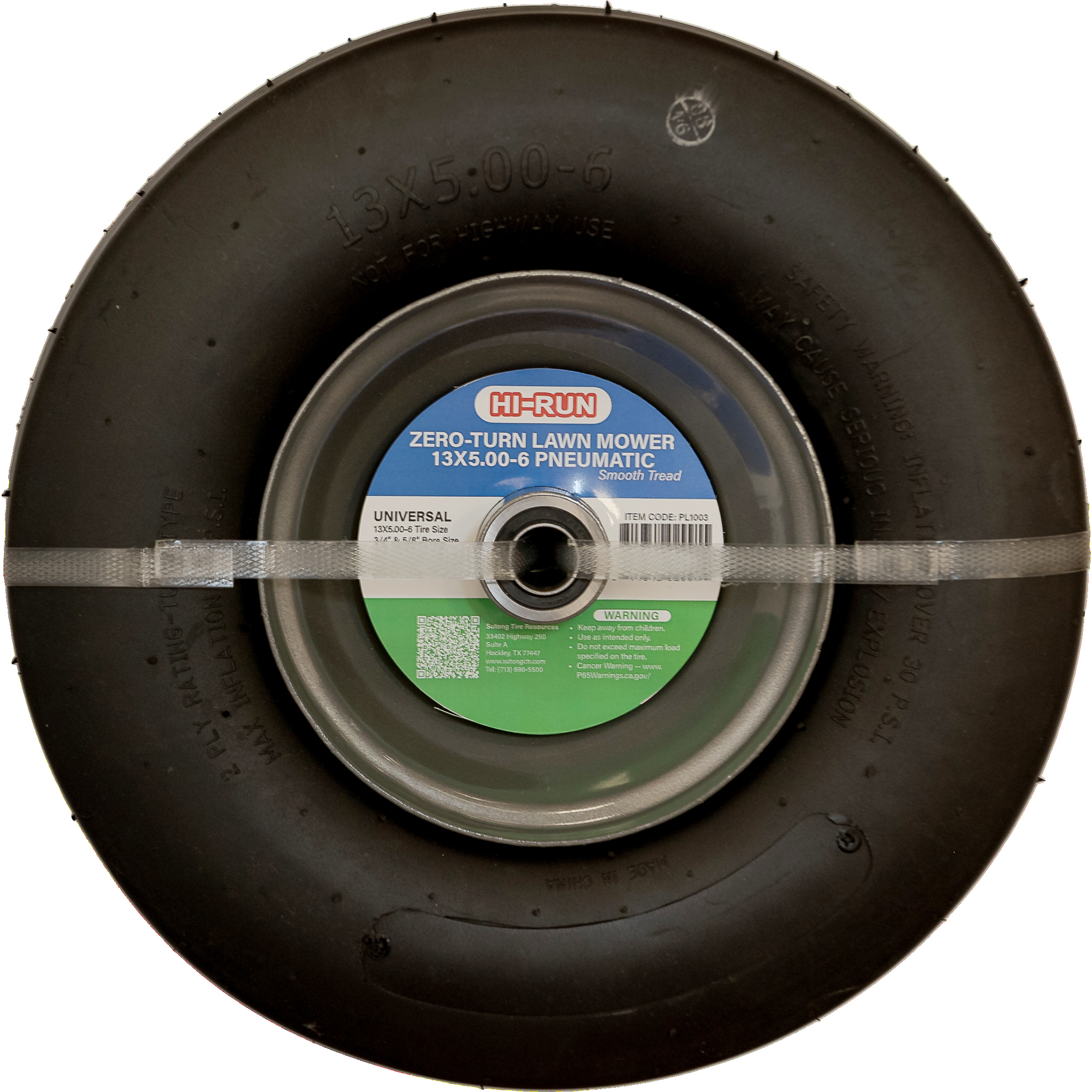 Hi-Run Universal Pneumatic Tire/Wheel with Kits, 5/8in., 3/8in. ID, Size 13X5-6, Model# PL1003